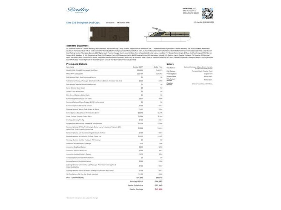 2026 Bentley Pontoons Elite 223 Swingback Dual Capt. Full tube